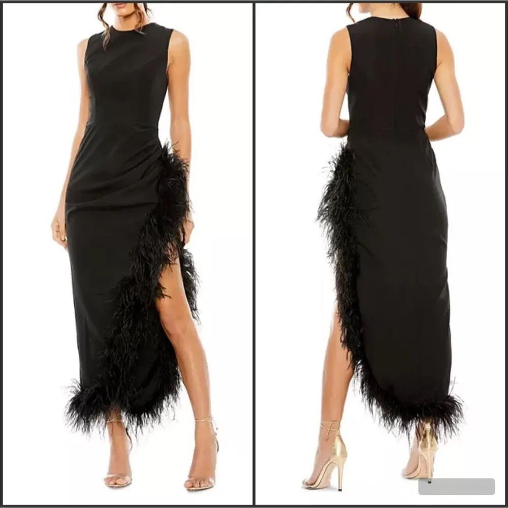 MAC DUGGAL 11626 Black Sleeveless Faux Wrap Dress with Feather Detail